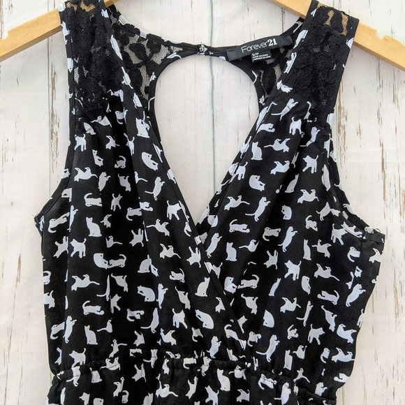 3/$20 Forever 21 Black White Cat Print Lace Dress - Picture 6 of 13